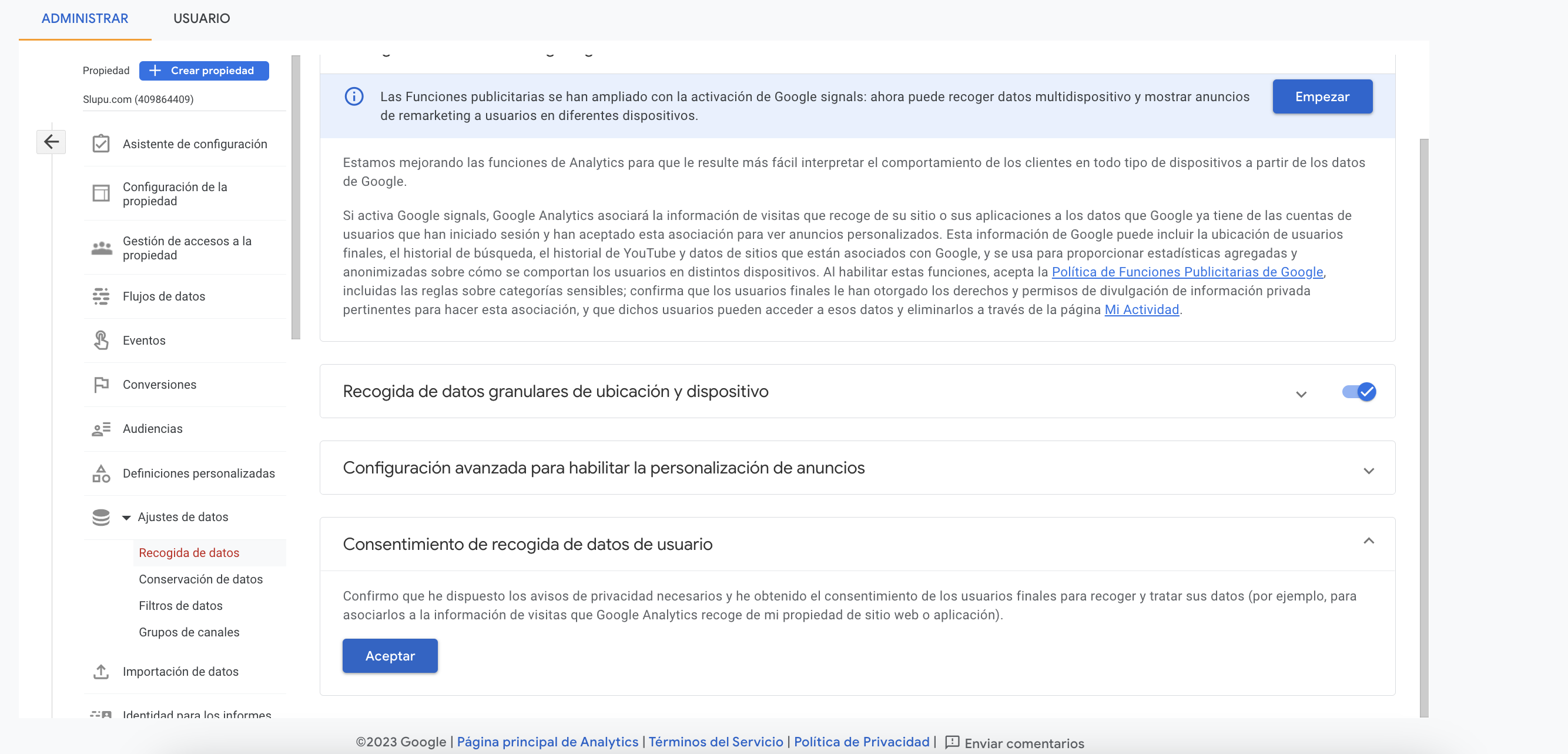 En “Consentimiento de recogida de datos”, darle a aceptar