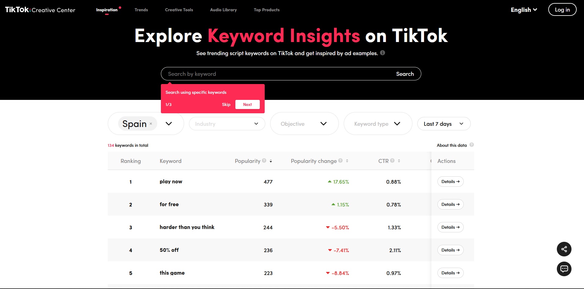 Keyword Insights de TikTok