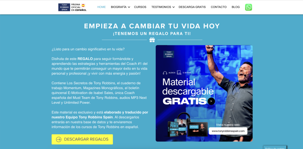Ejemplo página web Tony Robbins y uso de PNL